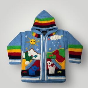 Invisible World 100% Wool Hand Made Hooded 3D Pom Jacket Sweater Baby Size Small